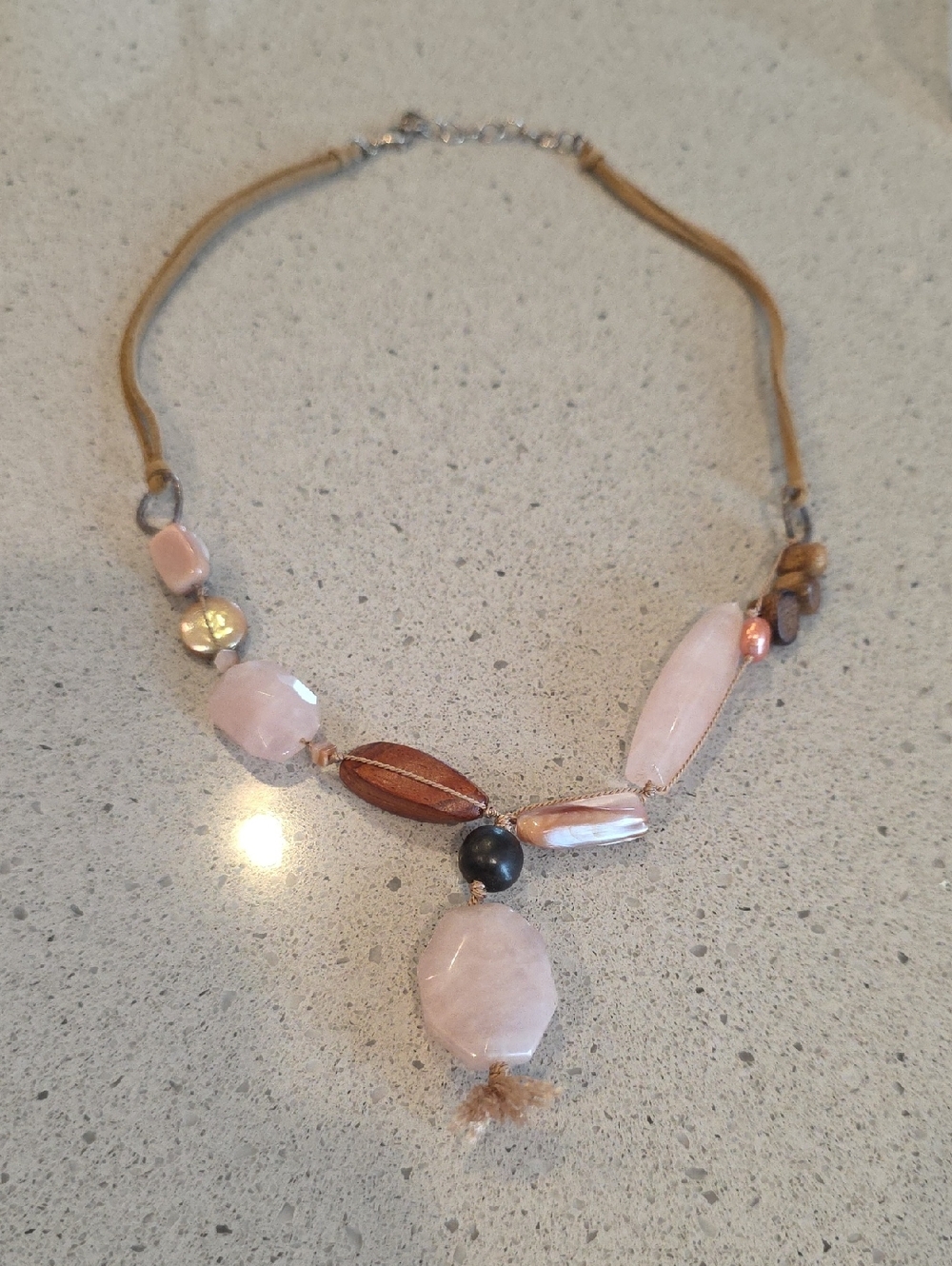 Handcrafted Pink Stone and Wood Pendant Necklace - Women Jewelry